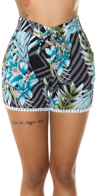 Trendy Highwaist Shorts with tropical print Black